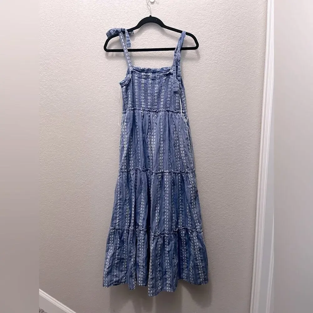 DRAPER JAMES L CHAMBRAY BLUE EMBROIDERED TIERED MAXI BOW STRAP SMOCK DRESS TRAD - Picture 5 of 6